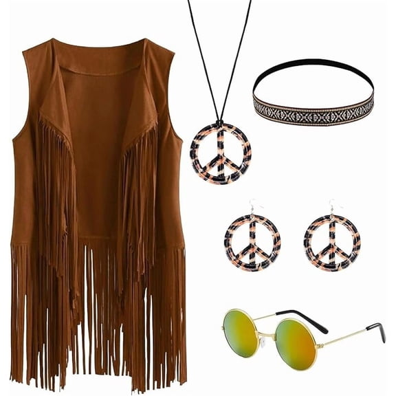 70s Hippie Costume for Women, 60s outfits with Fringe Vest Necklace Set, 70s Hippie Clothes for Halloween Carnival