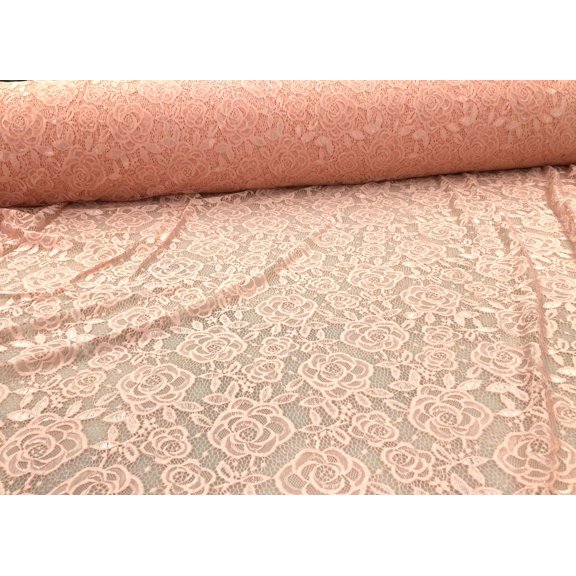 Embroidered Stretch Lace Apparel Fabric Sheer Rose Floral Salmon Pink VV414