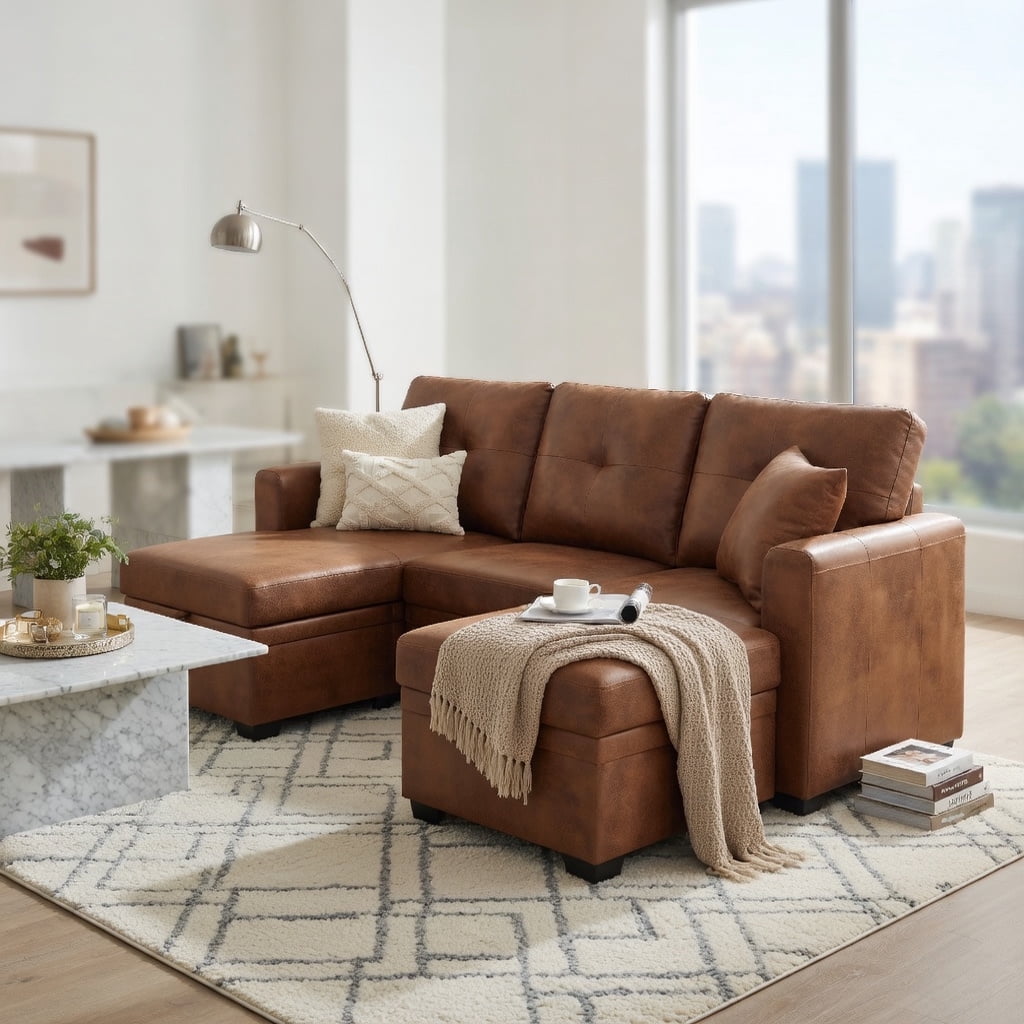 Hommoo Convertible Sectional Sleeper Sofa with Pull-Out Bed, Reversible Chaise & Hidden Storage, L-Shaped Modern Living Room Sofa Bed for Small Spaces, Light Brown