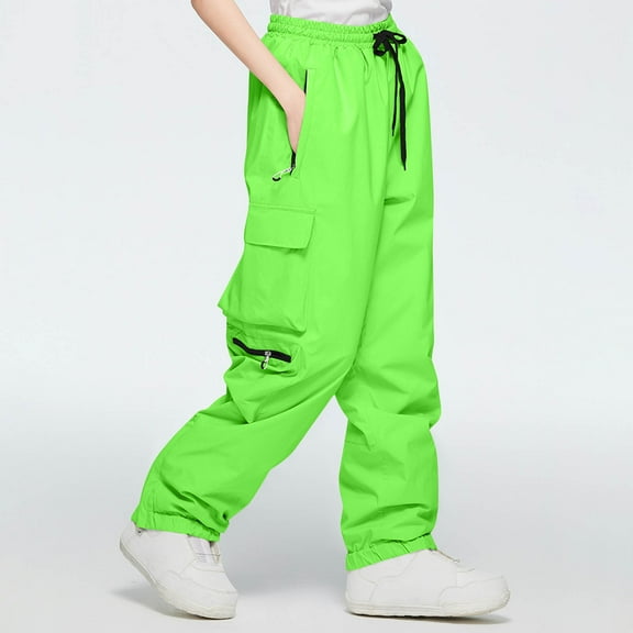 ITSAME Womens Cargo Pants, Multi-Pockets Drawstring Waterpoof Windproof Winter Outdoor Thicken Warm Ski Pants Green 2XL