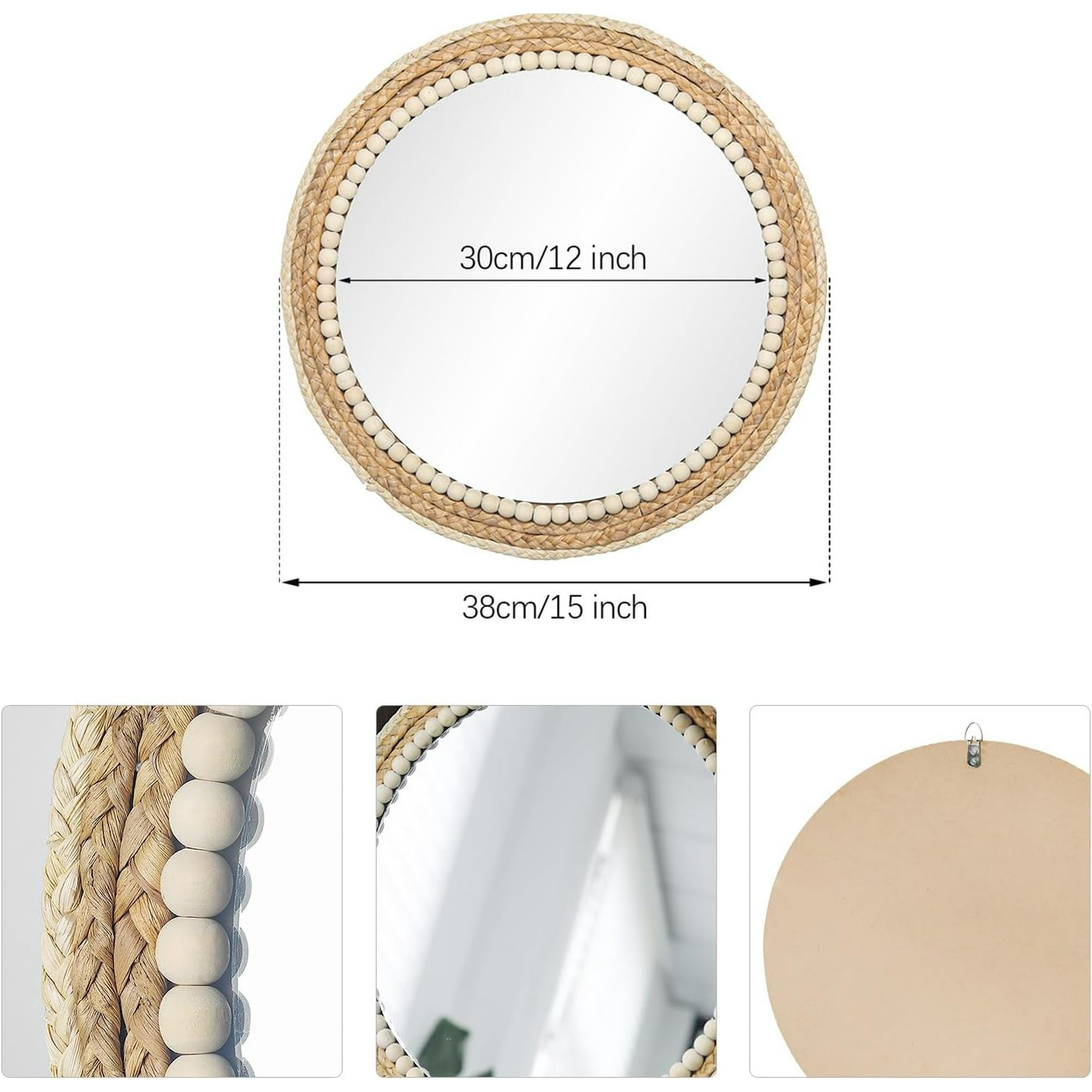 SWTHONY Miroir Mural Rond Bohème à Suspendre - 38,1 Cm - En Rotin - Pour Ferme, Salon, Chambre à Coucher, Salle De Bain