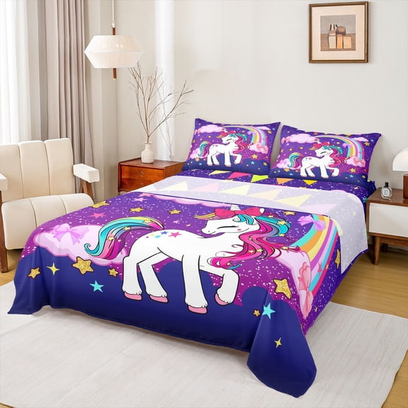 Homewish Cute Magical Horse Twin Sheet Sets 3pcs for Teens Boys Girls,Cartoon Rainbow Starry Sky Twin Fitted Sheet Microfiber,Kawaii Bow Unicorn Breathable Flat Sheet,Super Cozy Room Decor
