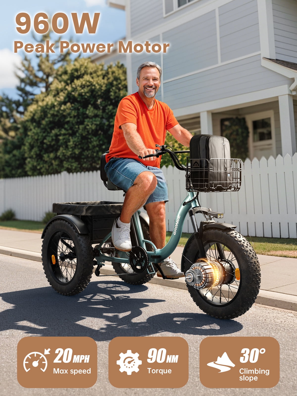 QRONGE Electric Tricycle for Adults 960W 50Miles Range 20 mph 20" Fat Tire Electric Trike 36V 15AH Battery Etrike 3 Wheel Electric Bike Step-Thru Mountain E Bike for Farm Work Travel, UL2849 by SGS