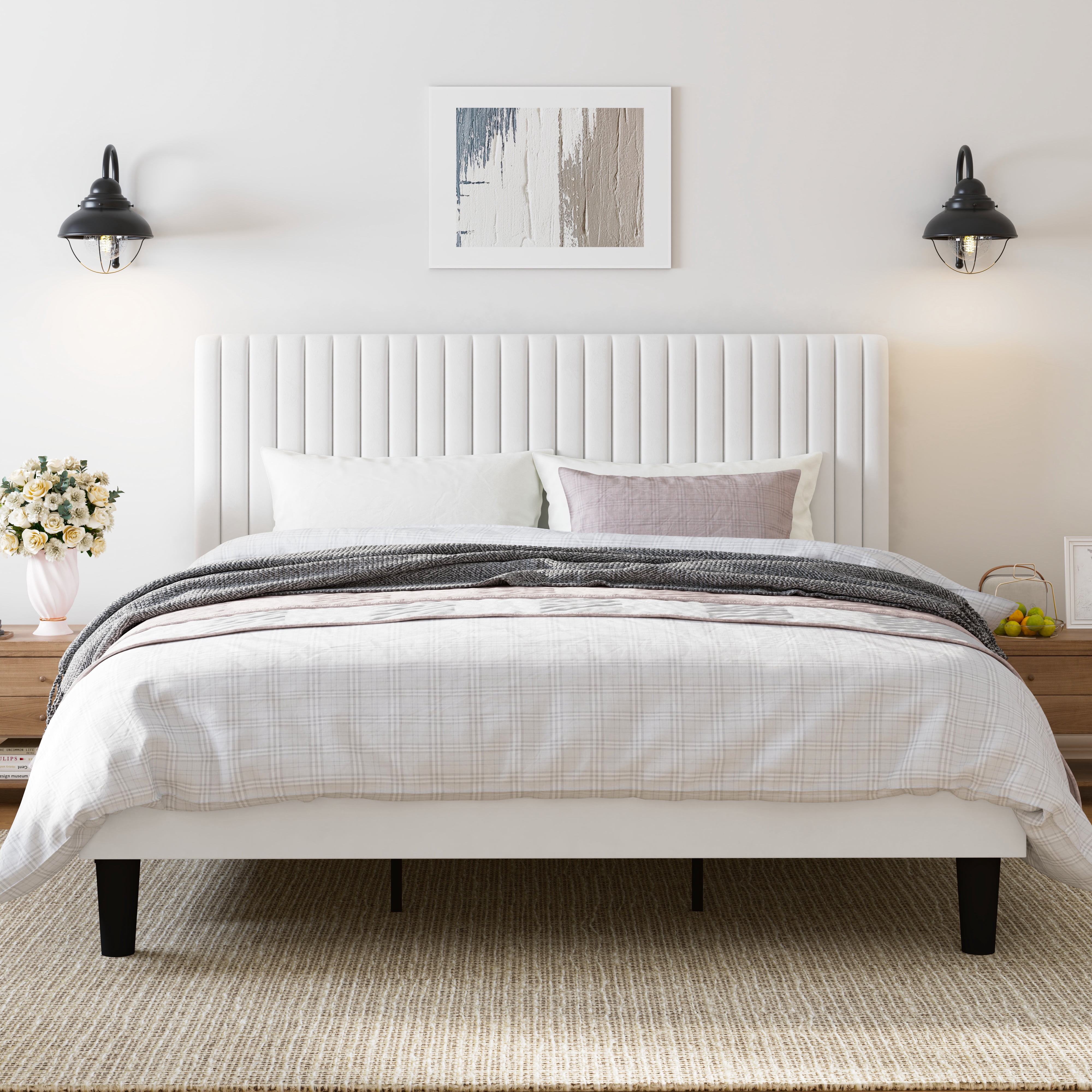 Amolife King Size Upholstered Platform Bed Frame with Adjustable Velvet Headboard, Off-White