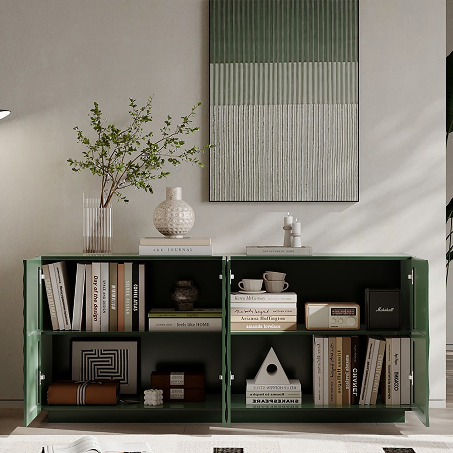 Modern 59" Buffet Cabinet with Storage, 4-Door Wave Textured Sideboard, Black Accent Console Table, Floor Standing Credenza for Living Room Kitchen, Green