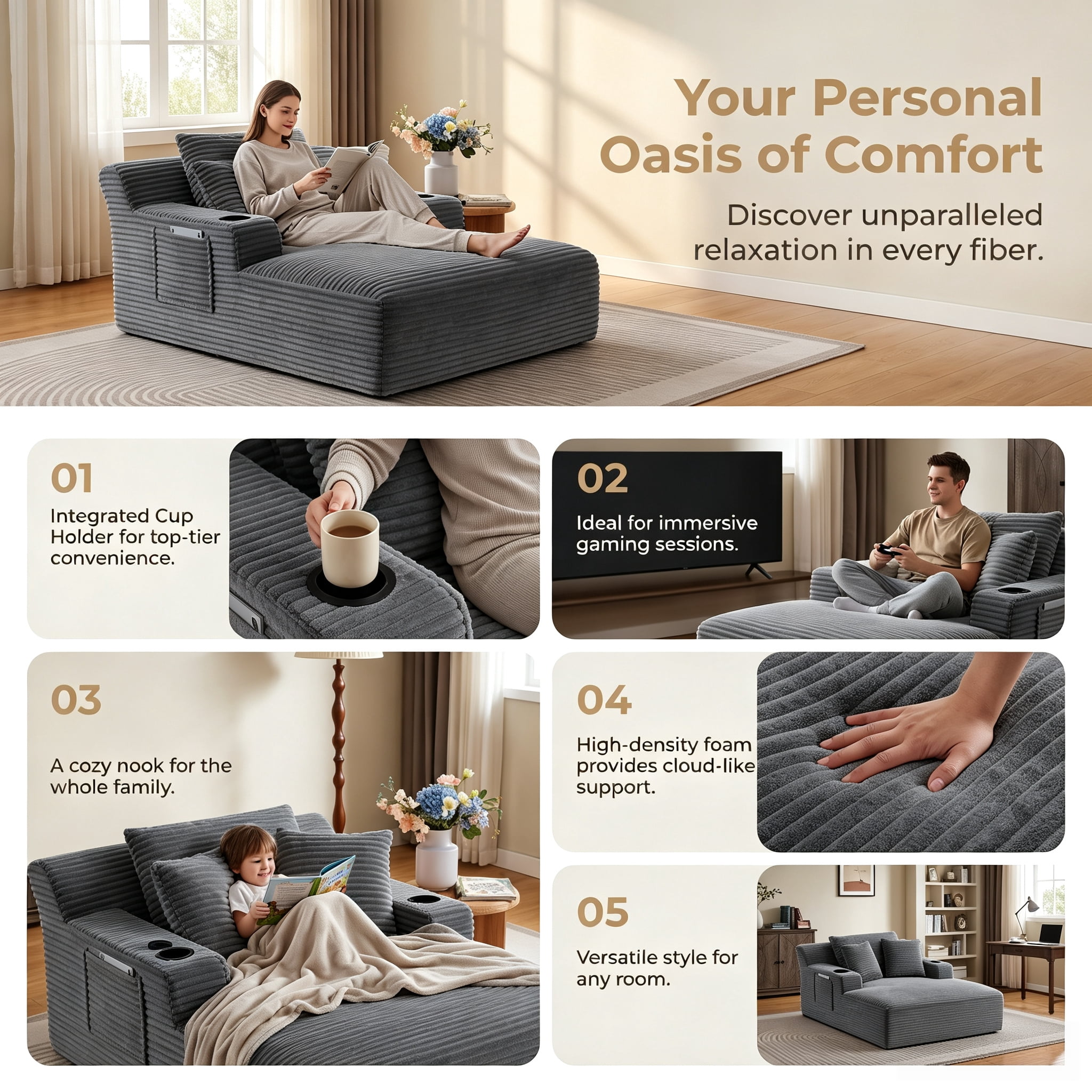 ShiKeyi 66'' Chaise Lounge Chair Indoor, Boneless Sofa Cloud, Plush Corduroy Chaise Couch with Cup Holders, Side Storage Pocket & Pillows, No Assembly Required, Dark Gray