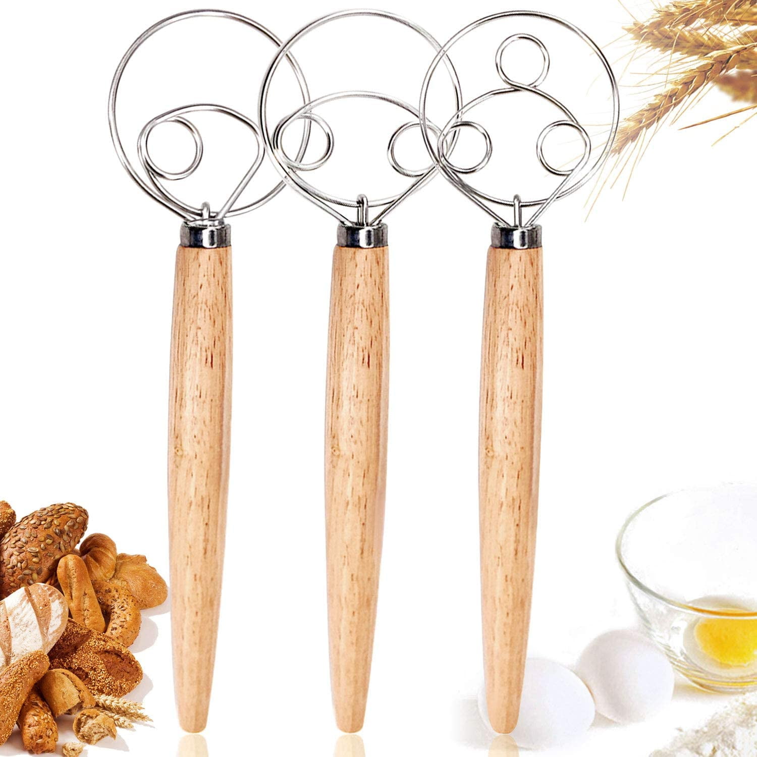 Fouet à Pâte En Bois 13 Pouces - Mélangeur Danois, Manche Inox, Facile à Nettoyer