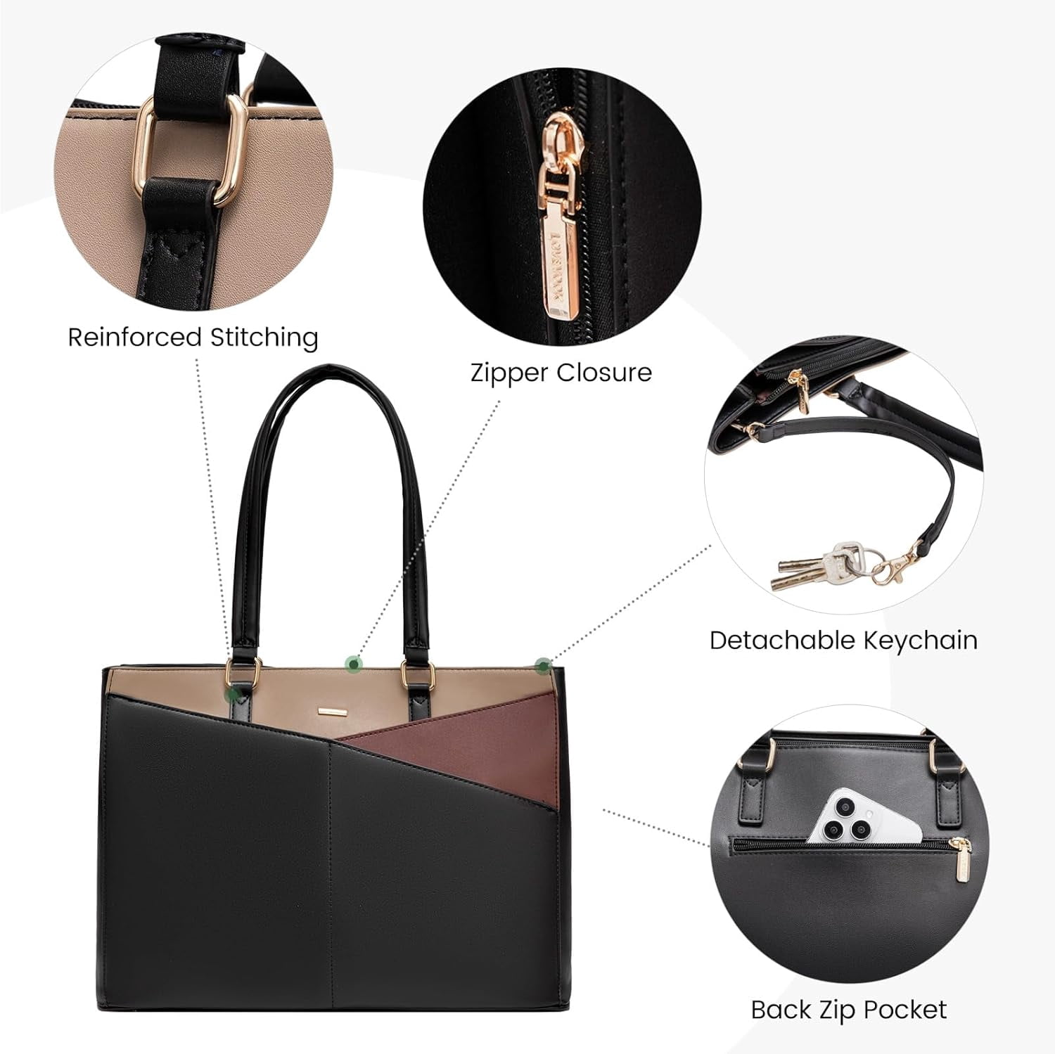 LOVEVOOK Laptop Tote Bag for Women 15.6 Inch Waterproof Leather Computer Bags Business Office Work Briefcase Black