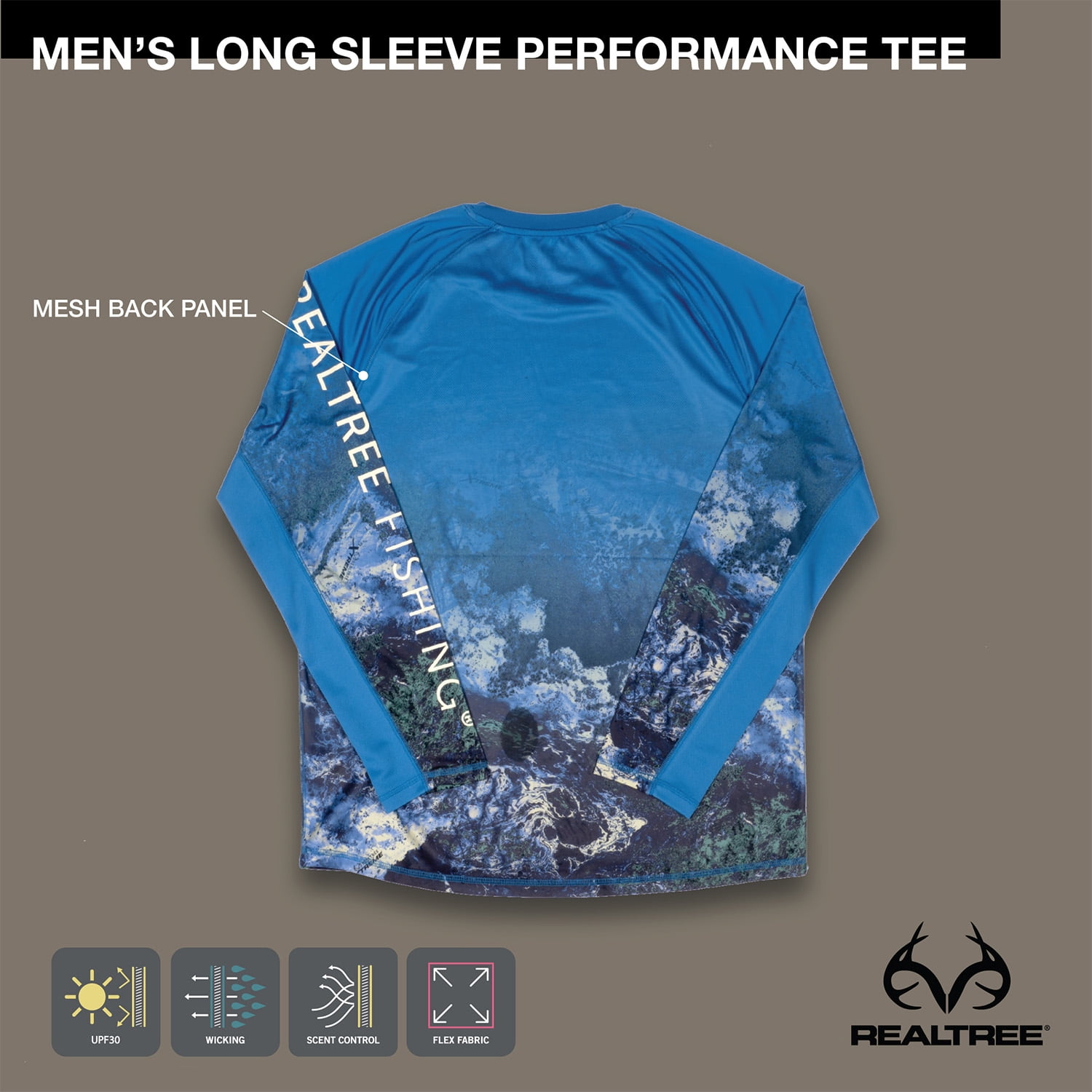 Realtree Men's Long Sleeve Performance Fishing Tee, Sapphire Blue, 2XL