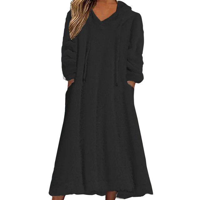 Prolriy Robe à Manches Longues pour Femmes Robe Décontractée Solide en Peluche à Capuche Robe Ample avec Poche Robe Chandail Robe Chandails Robes pour Femmes Noir TG