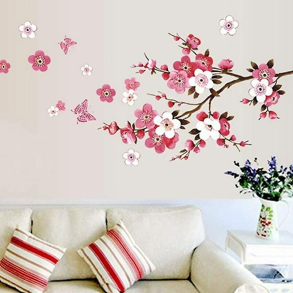 CHERRY BLOSSOMS wall stickers with butterflies pink red (120x50 cm) I sakura vine floral branch tree self-adhesive wall sticker for living room bedroo