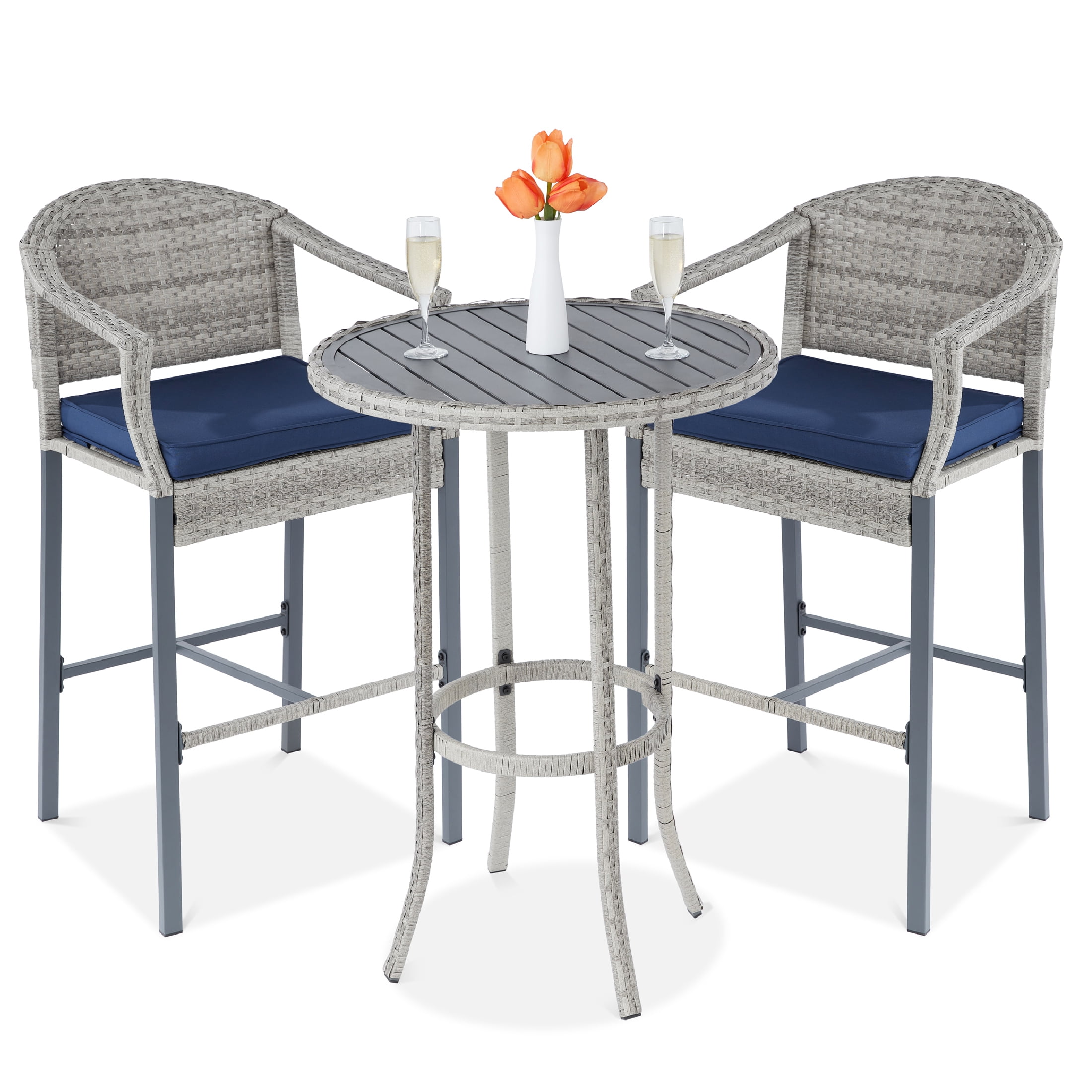 Best Choice Products 3Piece Outdoor Wicker Patio Bar Table Bistro Set w/ Barstools, Steel Frame