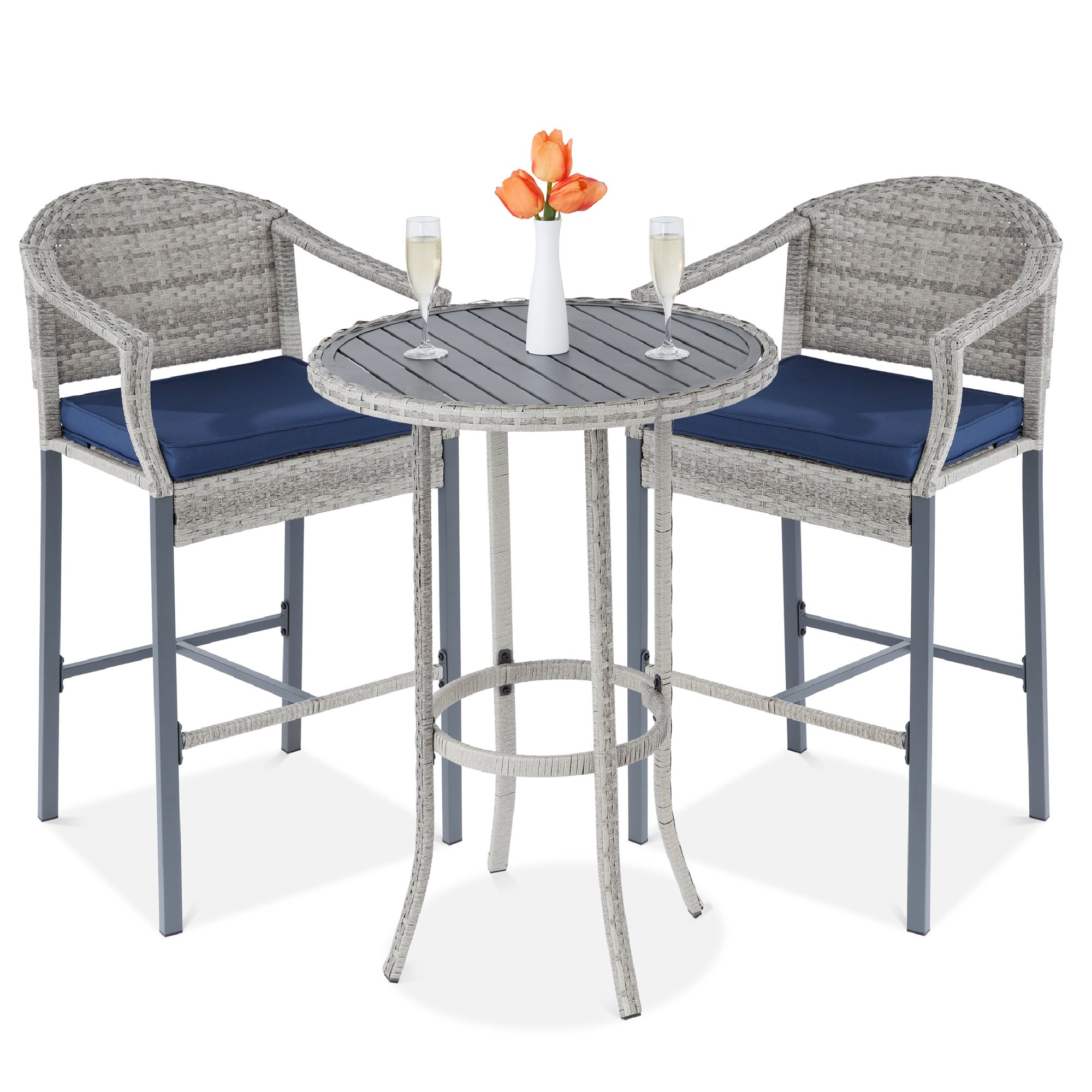 Best Choice Products 3-Piece Outdoor Wicker Patio Bar Table Bistro Set w/ Barstools, Steel Frame - Gray/Blue