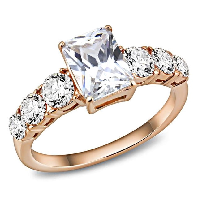 Bague en Acier Inoxydable IP Or Rose pour Femmes avec AAA Grade CZ en Transparent - Taille 7