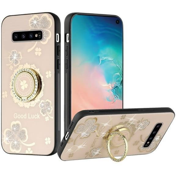 For Samsung Galaxy S10  Plus Diamond Bling Sparkly Glitter Ornaments Engraving Hybrid Ring Stand Fashion Cover ,Xpm Phone Case [ Gold Good Luck Floral ]