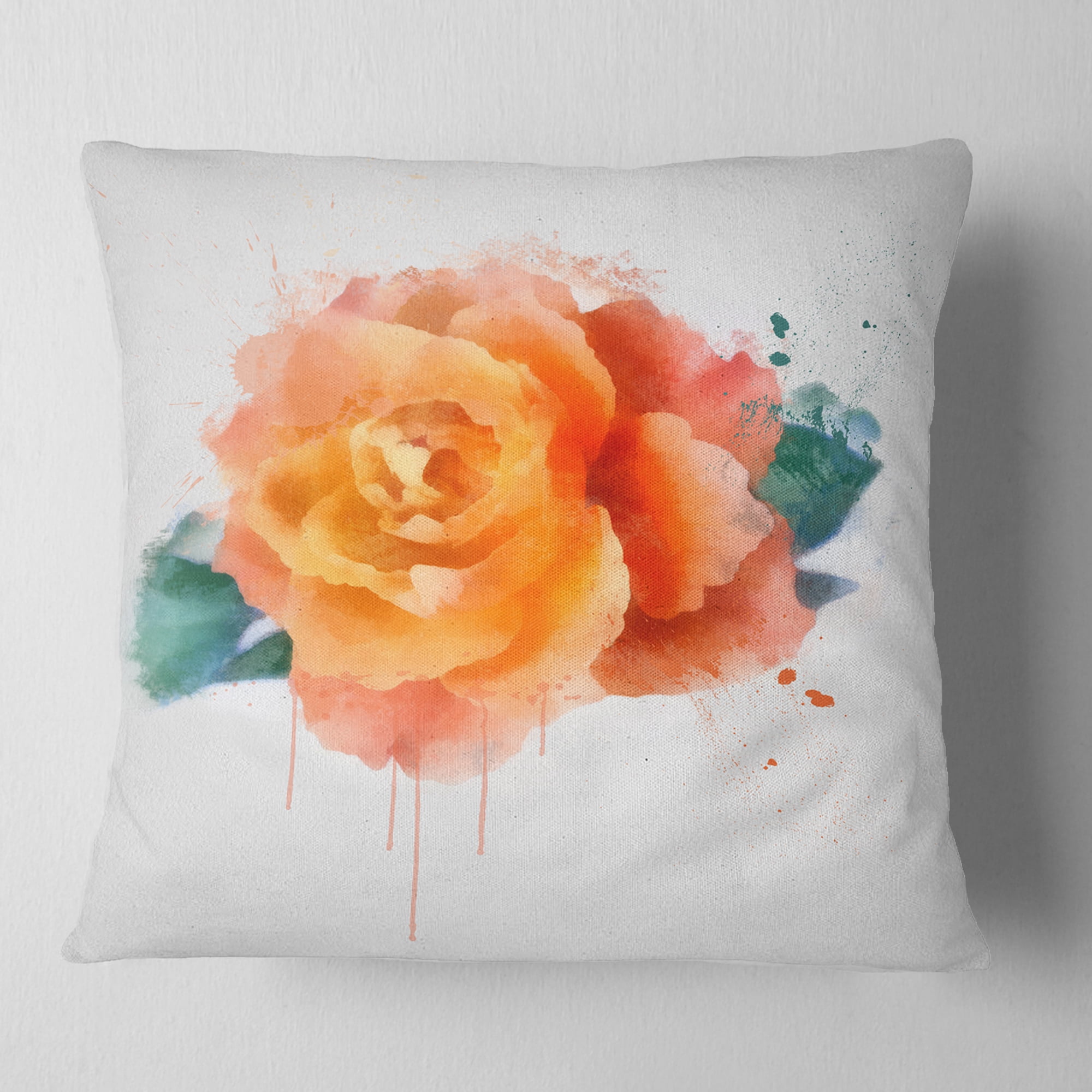Designart Orange Rose with Green Leaves - Floral Throw Pillow - 16x16