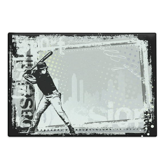 Baseball Cutting Board, Hitter in Field Graphic Distressed Backdrop Fast as You Can Image Baseball Themed, Decorative Tempered Glass Cutting and Serving Board, Large Size, Black White, by Ambesonne