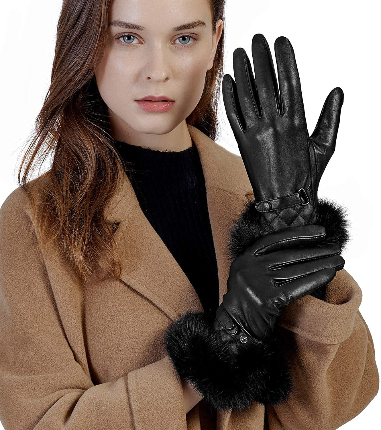 faux fur lined leather gloves women's