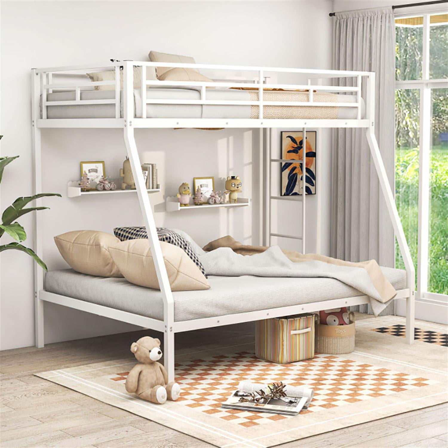 Demi Bonn Twin Over Full Bunk Bed with Safety Rail and Ladder, Twin Bunk Beds, Space-saving Metal Slatted Bed Frame, No Box Spring Needed, White
