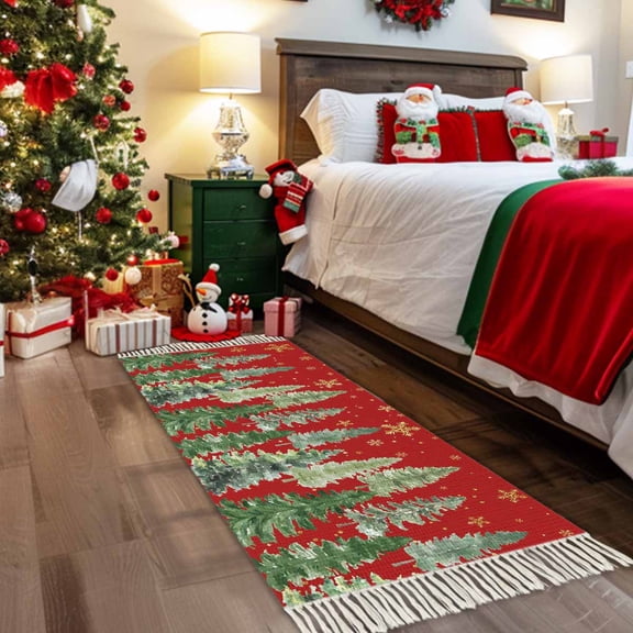 Red Christmas Tree Hallway Runner Rug 2x5ft,Winter Watercolor Gold Snowflakes Washable Woven Living Room Bedroom Kitchen Bathroom Carpet with Tassels,Indoor Outdoor Throw Door Mat for Entryway