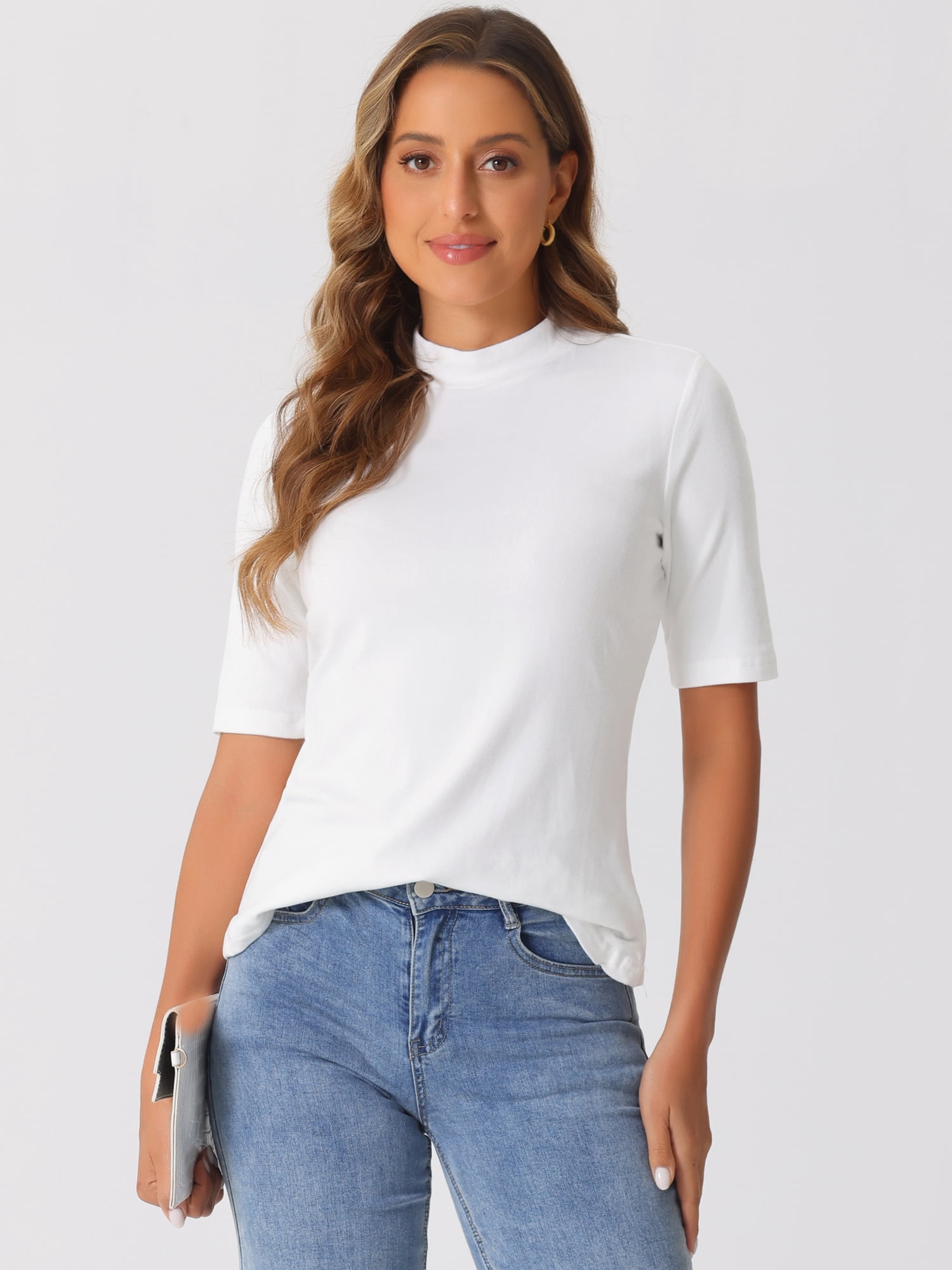 DARING DIVA Women's Half Sleeve Mock Turtleneck Casual Top S White