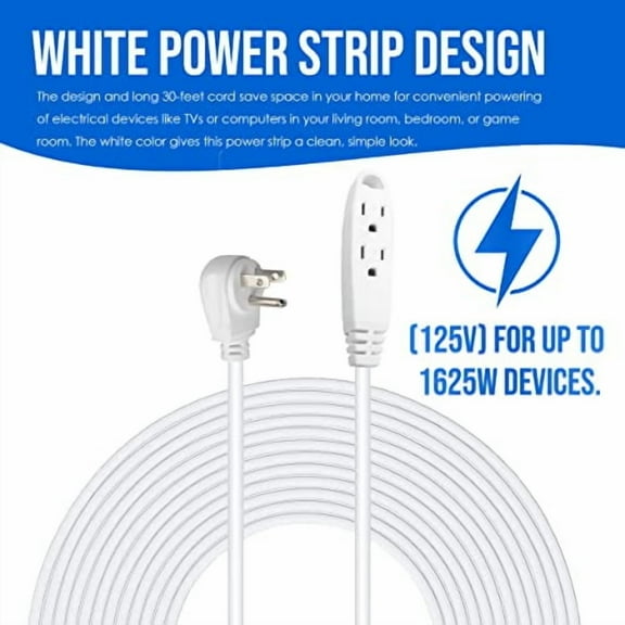 SureSave Extension Cord, 30 Feet | Heavy-Duty White Extension Cord 3-Prong Grounded Plugs for Indoors | UL Listed 3-Plug Outlet and AC Power Strip, 13-Amp