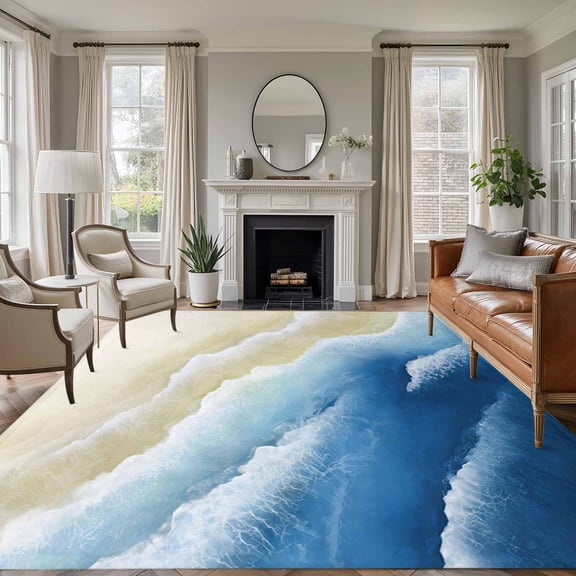 Rectangle Area Rugs 6 x 9 Ft, Navy Blue Ombre Ocean Non-Slip Residential Carpet, Watercolor Coastal Beach Waves Indoor Crawling Mats Runner Rugs for Living Room/Dining Room/Bedroom