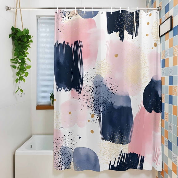 Nordic Modern Minimalist Art Shower Curtain for Bathroom, Boho Pink Blue Color Block Waterproof Shower Curtains Washable Quick Dry with Hooks Bathtub Curtains 36x72IN