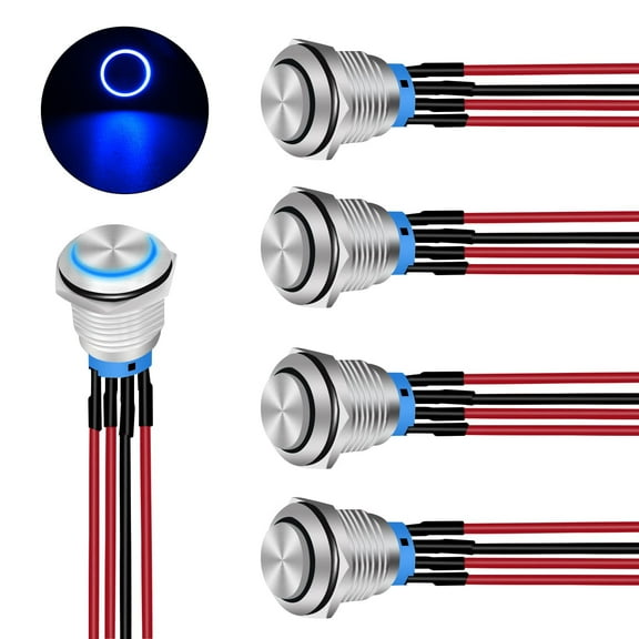 Nilight 16mm Push Button Switch 5PCS with Pre Wired Harness 12V 24V Stainless Steel Self Locking Latching LED Round Switches SPDT 4Pin Waterproof Metal Switch for Boats Cars Truck, 2 Years Warranty