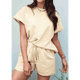 thumbnail image 5 of Conjunto de Pijama de 2 Piezas para Mujer, de Color Liso, con Cuello Redondo, Informal, de Tela Texturizada y Corta, Color Albaricoque S, 5 of 7