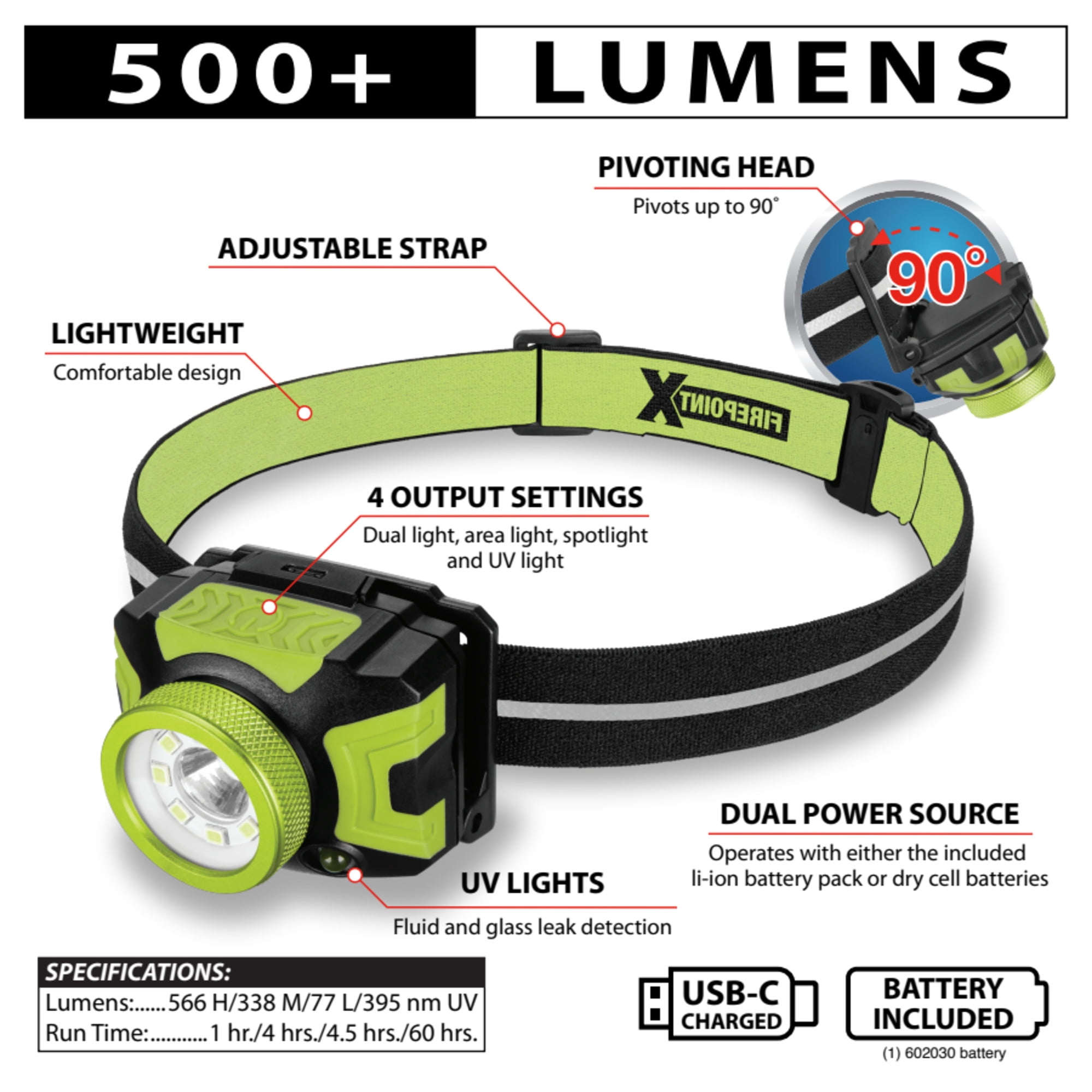 Performance Tool W2621 500+LM FIREPOINT Dual-Power LED Headlamp - Adjustable Strap, UV Light, Spotlight, Area Light, Li-Ion, Green/Black