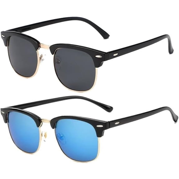 2 pack Unisex polarized sunglasses, semi-rimless vintage style, with carrying case-USA