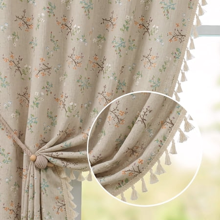Lipa Farmhouse Floral Linen Curtains for Bedroom Living Room,Semi-Blackout Rod Pocket Curtains,Beige,52" x 84"