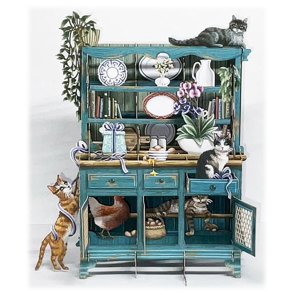 Me & McQ Scrambled Mischief: Playful Cats Around and Inside Blue Kitchen Cabinet Laser Cut 3D Pop Up Blank Note Card