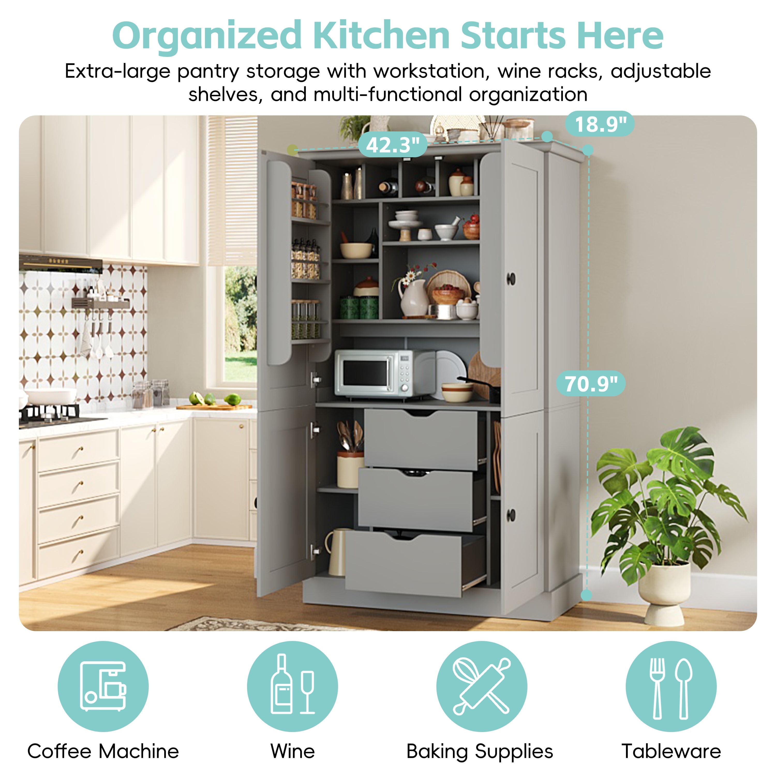 Euroco 70.9" Kitchen Pantry Cabinet with 3 Drawers, Farmhouse Tall Storage Cabinet with 6 Door Shelves, Removable Shelves and 6 Wine Racks,Freestanding Cupboard for Dining Room,Grey