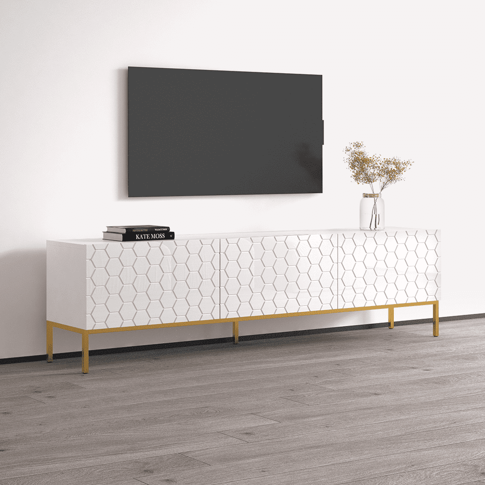 Hexa 01 TV Stand for TVs up to 85", Mid-Century Modern High Gloss 75" Entertainment Center, TV Media Console with Storage Cabinets