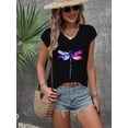 thumbnail image 3 of Black V - Neck Tee with Colorful Watercolor Dragonfly Print, 3 of 4