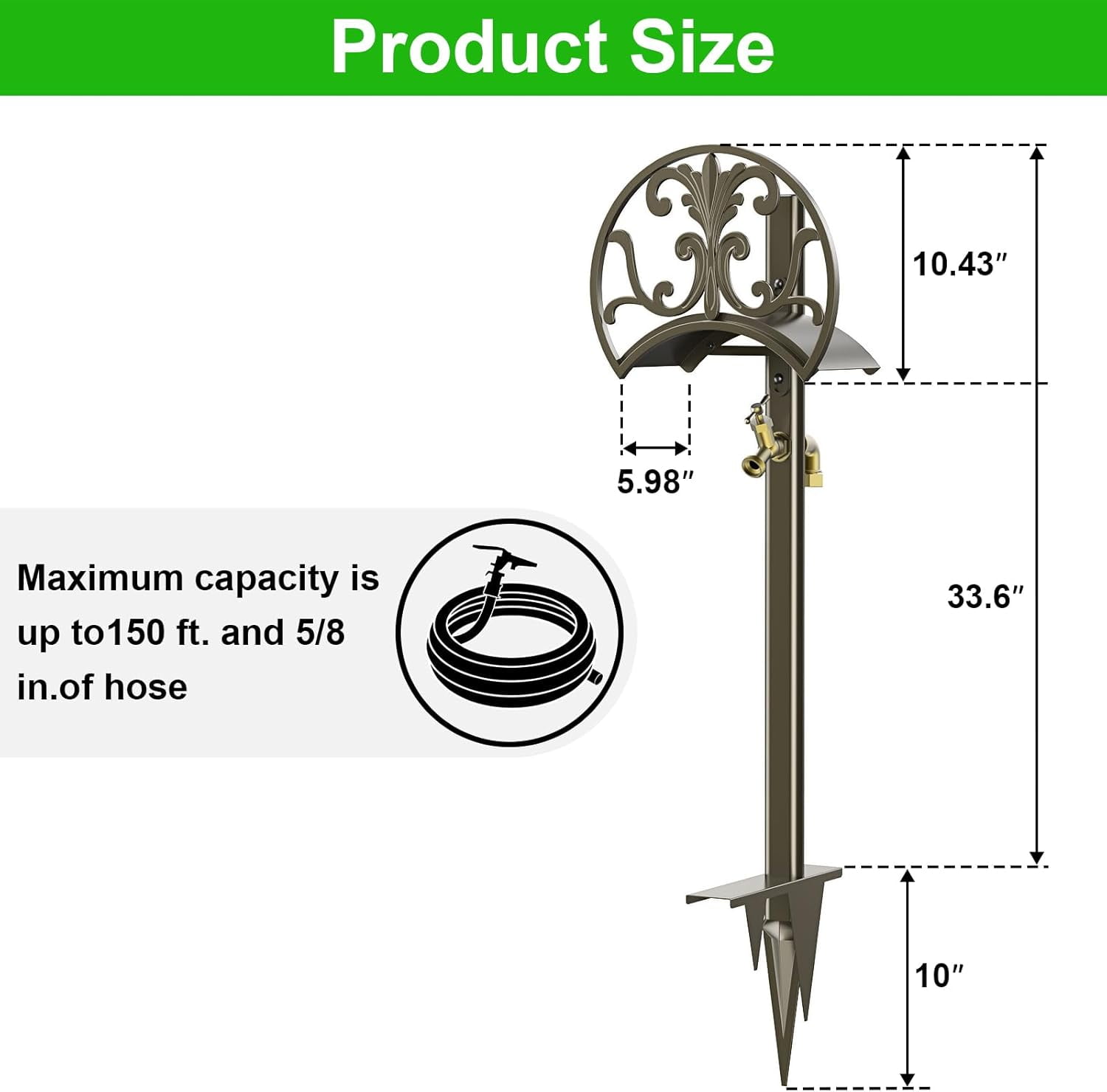 Garden Hose Stand with Brass Faucet, Detachable Heavy Duty Water Hose Holder, Freestanding Metal Hose Reel Decorative Storage Hanger Holds 150-Feet Hose for Outside Patio Lawn Yard