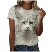 BYOIMUD Clothing Deals Summer Blouse for Women Cute Cat Graphic Short Sleeve T Shirt Ladies Girls Pullover Tees Shirt Going Out Wear Tees Top Beige