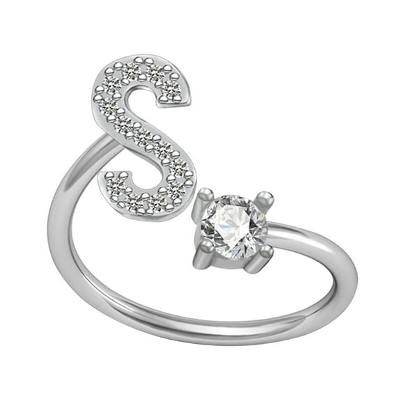 Guodhu Initial Letter Ring Alphabet Ring A-Z Silver Crystal Open Adjustable Personalized Cubic Zirconia Initial Ring for Women Gift
