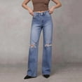 thumbnail image 2 of ClodeEU Women's High Waist Ripped Wide Leg Jeans,Distressed Baggy Straight Denim Trousers with Pockets Blue,Women's Plus L, 2 of 7
