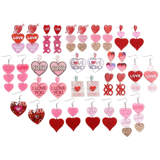 Colección de San Valentín Pendientes de acrílico con corazón brillante y bloques de color Pendientes colgantes Joyas para las orejas de mujer Pendientes de plástico