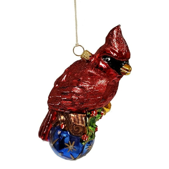 Cardinal on Red and Blue Ball Ornaments Polish Glass Christmas Ornament Bird