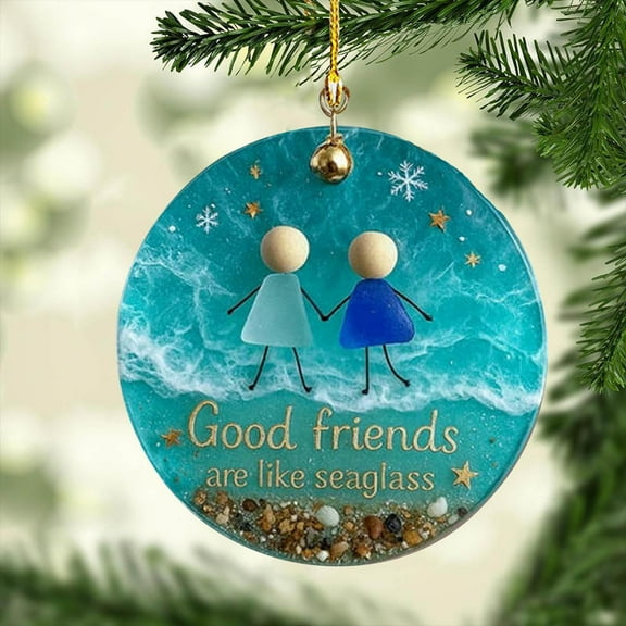 Friendship Sea Glass Christmas Ornament - 2D Acrylic Heart Hanging Decor, Meaningful Holiday Gift for Friend Sister or Coworker