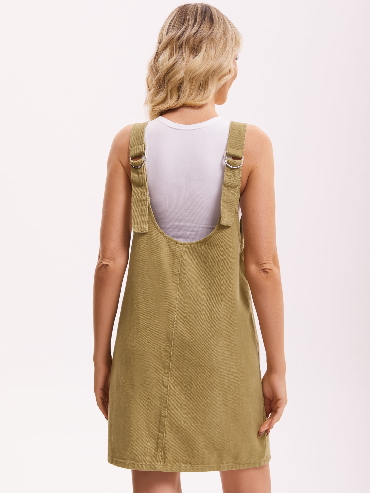DARING DIVA Women's Loose Sleeveless Pinafore Mini Denim Dresses M Khaki