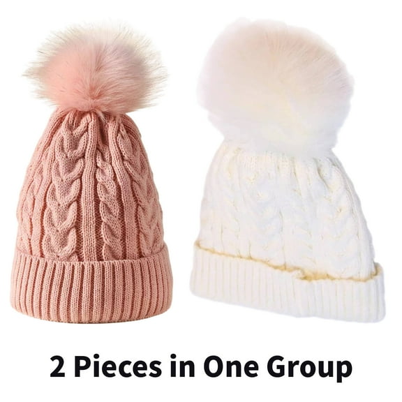 TELOLY 2 Pcs Womens Hats,Double Wool Beanie,Outdoor Warm Knitting Beanie for Women,Pink,White
