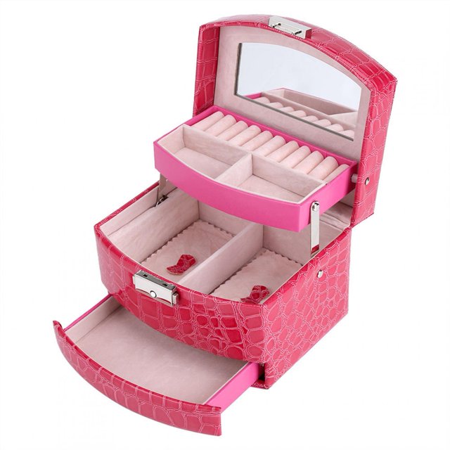 VIFER 3 Layers Large Jewellery Box Jewelry Storage Case Ring Storage Box for Women Home Supplies(Rose Red)