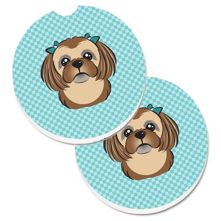 

Checkerboard Blue with Chocolate & Brown Shih Tzu Set of 2 Cup Holder Car Coaster