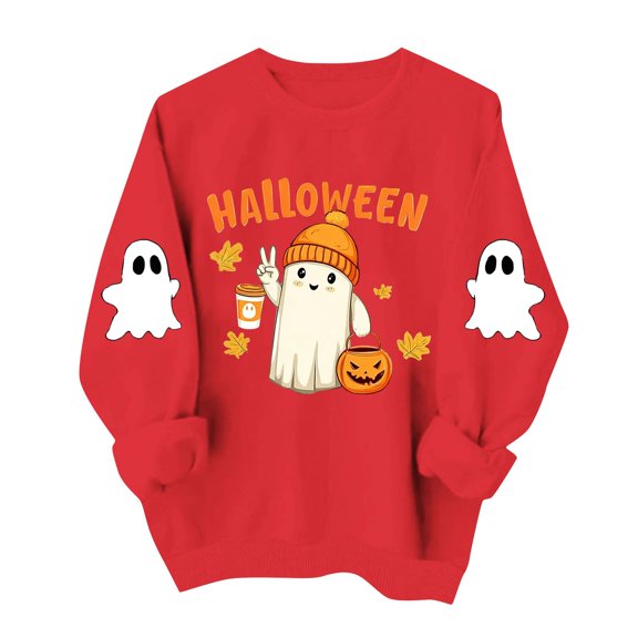 Kezqiaxn Halloween Women's Sweatshirt Fashion Long Sleeve Loose Casual Crew Neck Sweatshirts Fall Winter Clothes Red XXL