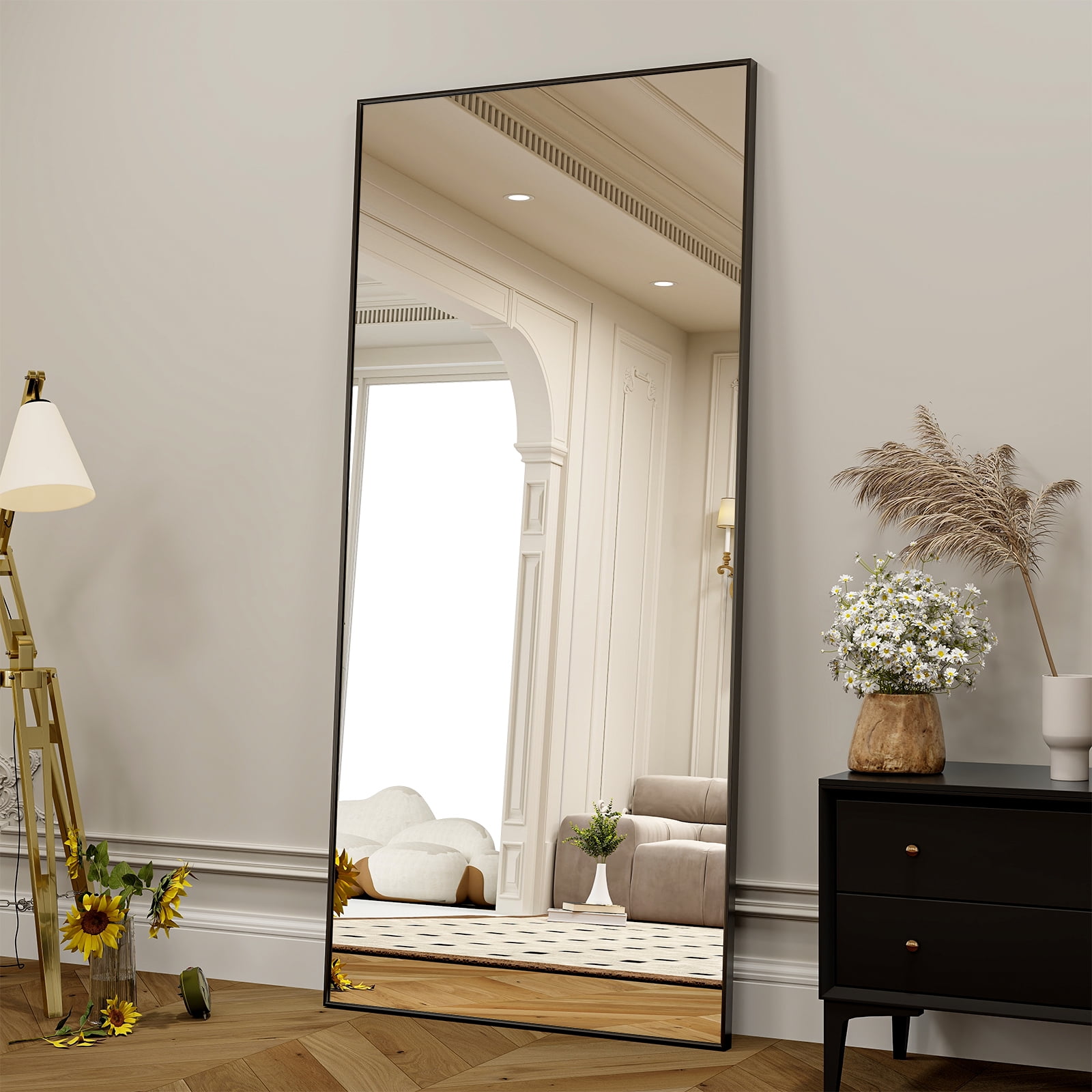 Anyrose 76"x 34" Full Length Mirror Rectangular Floor Standing Mirror Wall Mounted, Black